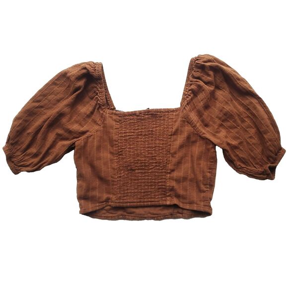 American Eagle Embroidered Crop Top Sz S Brown Boho Peasant Smocked Lace 3843 - Picture 5 of 10